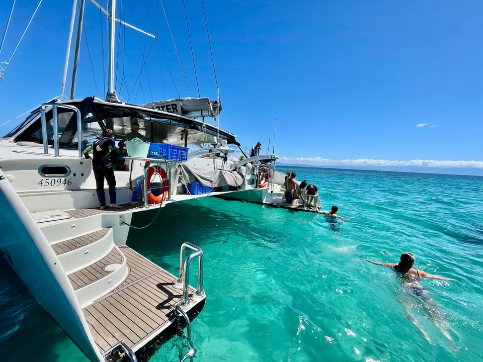 The stern steps and swim ladder aboard Liquid Desire
