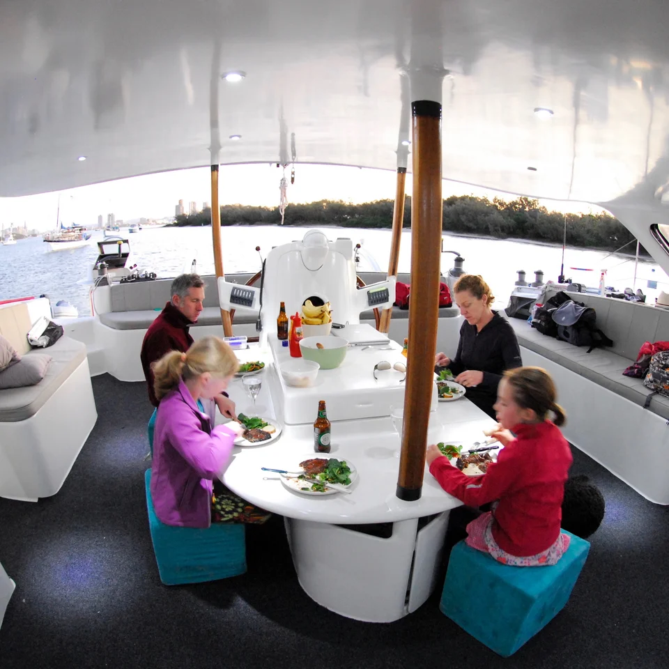 Sharing a meal in Liquid Desire’s saloon