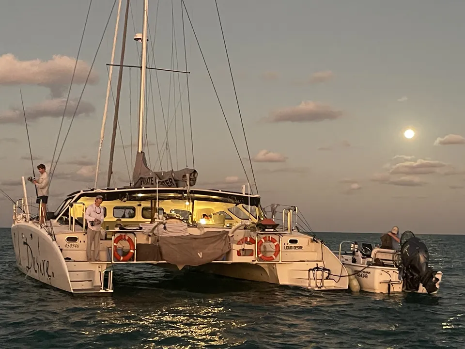 Liquid Desire at anchor at dusk