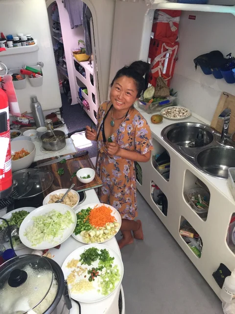 Preparing food in the galley