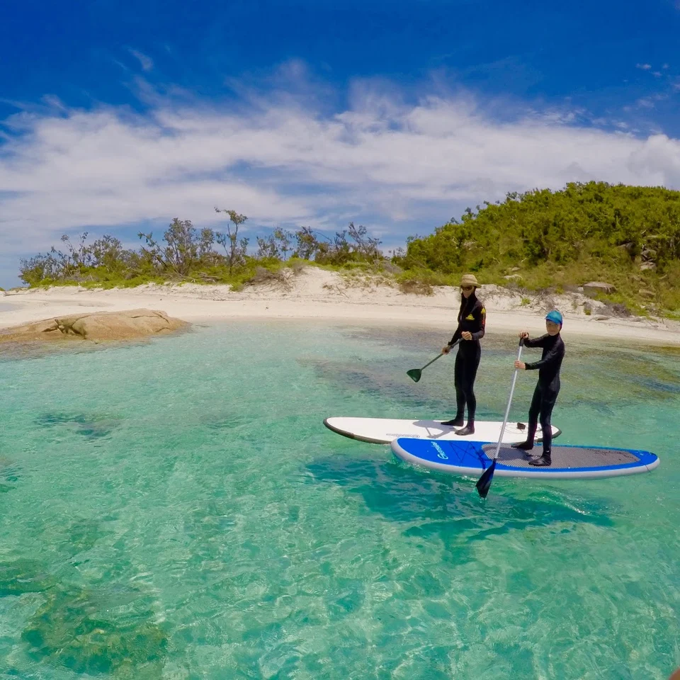 Paddleboarding near a sandy shore
