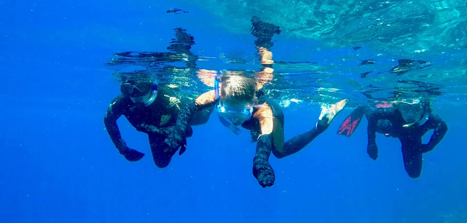 Three snorkellers beneath the surface