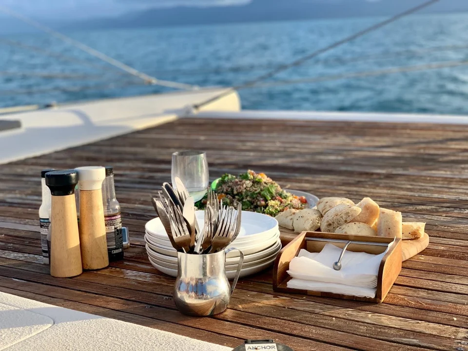 Lunch and tableware on deck