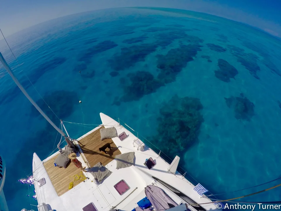 Looking down over the bow at the reef