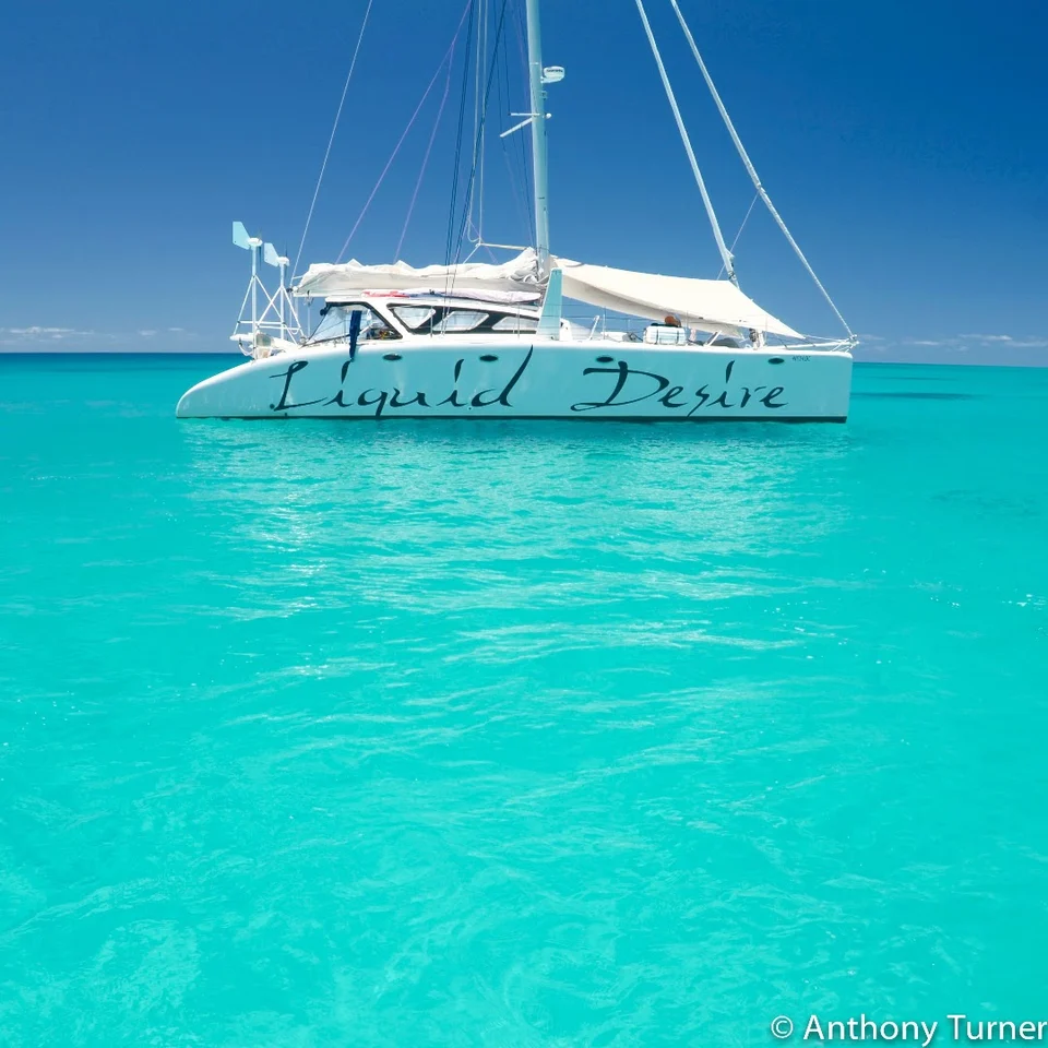 Liquid Desire’s hull at anchor